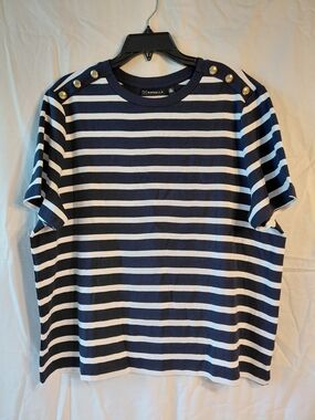 Rafaella Navy & White Striped Short Sleeve Tee with Shoulder Buttons